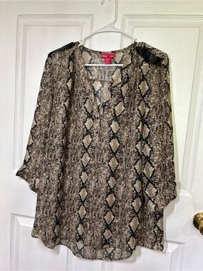 Mix & Co. Sheer Snakeskin Animal Print Top Faux Leather Detail Large